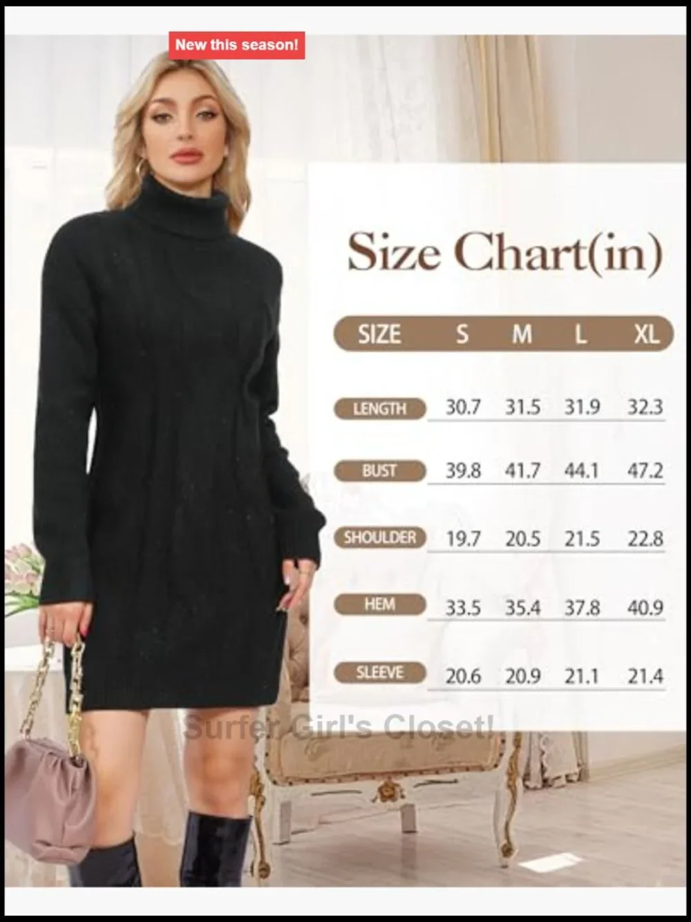 Long Sleeve Turtleneck Sweater Dress Ribbed Knit Stretchy Midi